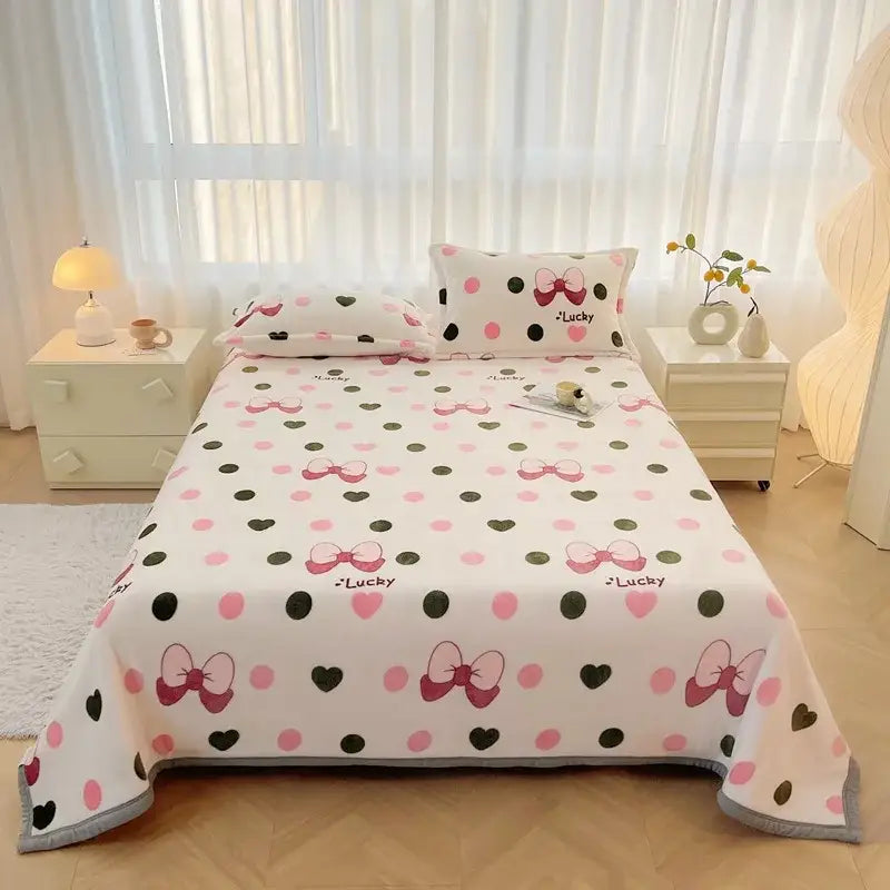 White bedspread with pink and black polka dots hearts and bows on dark gray cartoon print flannel sofa cover decorbites cartoon print