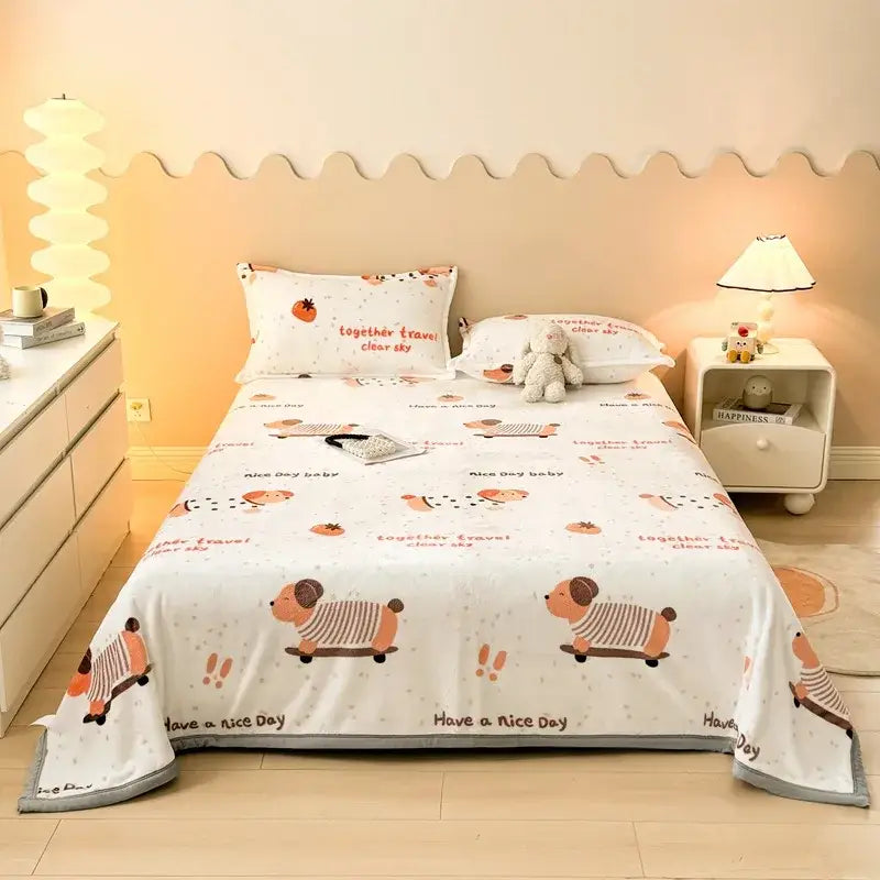 Dark gray cartoon print flannel sofa cover with white bedspread featuring playful cartoon dogs in striped outfits riding skateboards