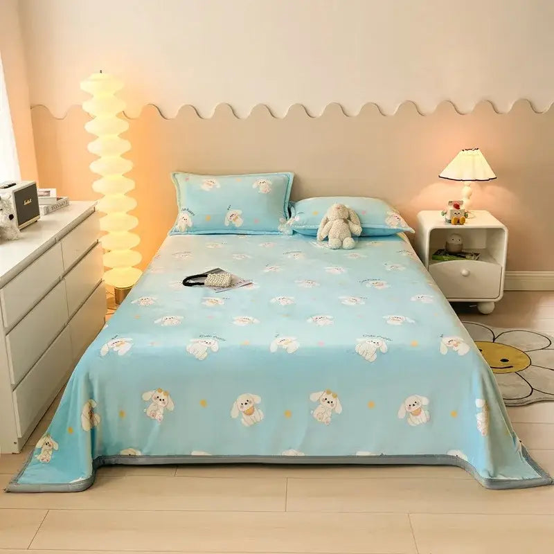 Light blue cartoon print flannel sofa cover with playful white bunnies and yellow dots for decorbites living room decor
