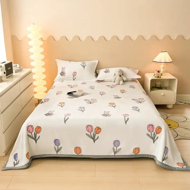 White bedspread with playful pastel tulips and bunnies soft gray trim decorbites cartoon print flannel sofa cover