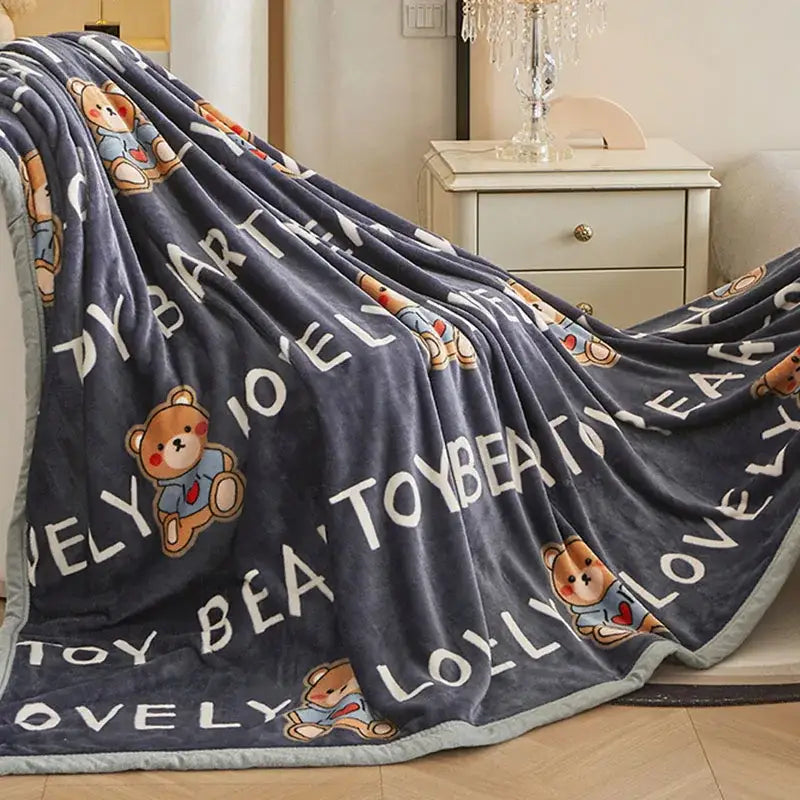 Dark gray cartoon print flannel sofa cover featuring plush teddy bears and toy beautifully lovely text for living room decorbites