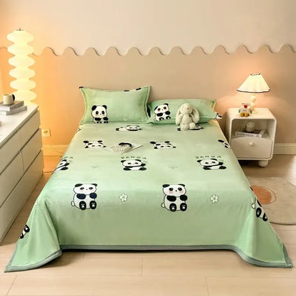 Light green plush bedspread with playful black and white pandas and flowers for sofa cover decorbites cartoon print flannel