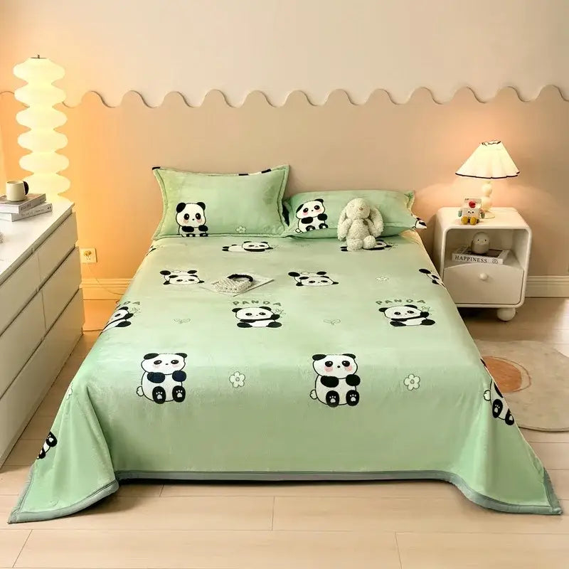 Light green plush bedspread with playful black and white pandas and flowers for sofa cover decorbites cartoon print flannel