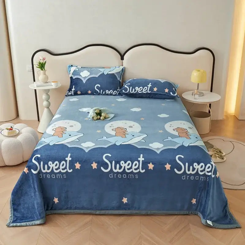 Blue plush cartoon print flannel sofa cover with bears riding dolphins on moonlit clouds decorbites cartoon print