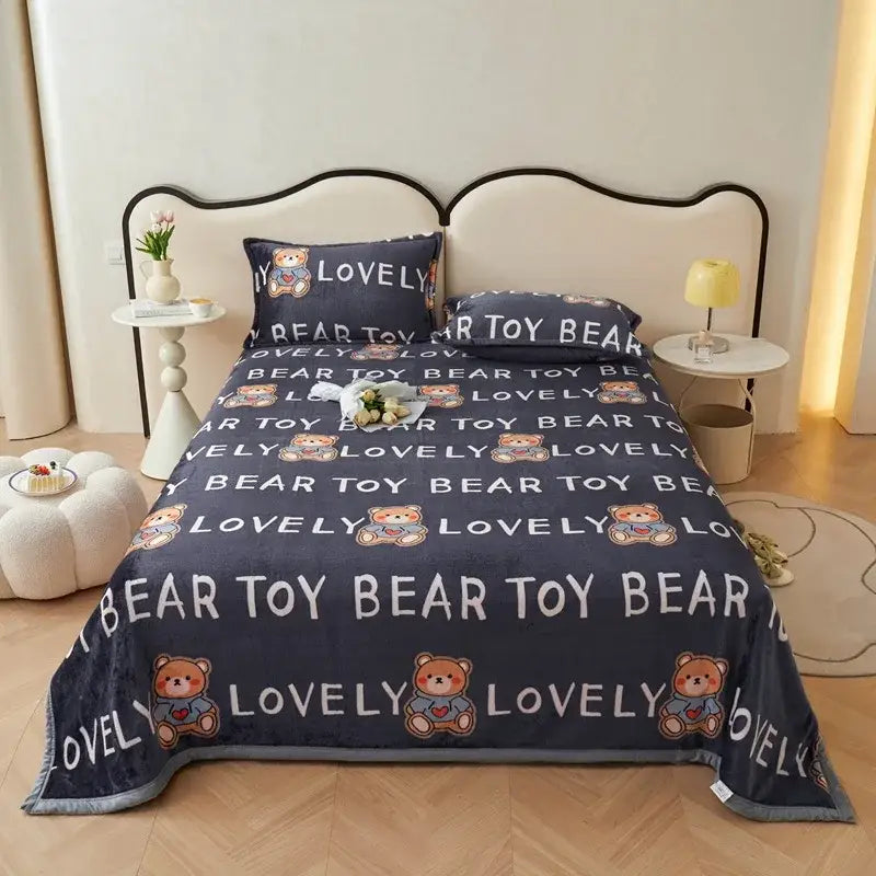 Dark gray cartoon print flannel sofa cover with dark blue plush teddy bear pattern and lovely text for living room decorbites