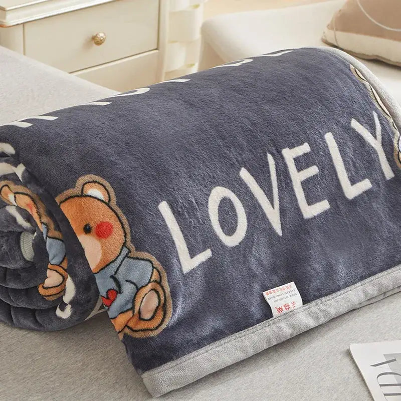 A dark gray cartoon print flannel sofa cover featuring a plush teddy bear and lovely embroidery for living room decorbites