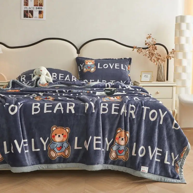 Navy blue plush blanket with embroidered teddy bears and lovely text, soft velour texture and light gray border sofa cover decorbites cartoon print flannel