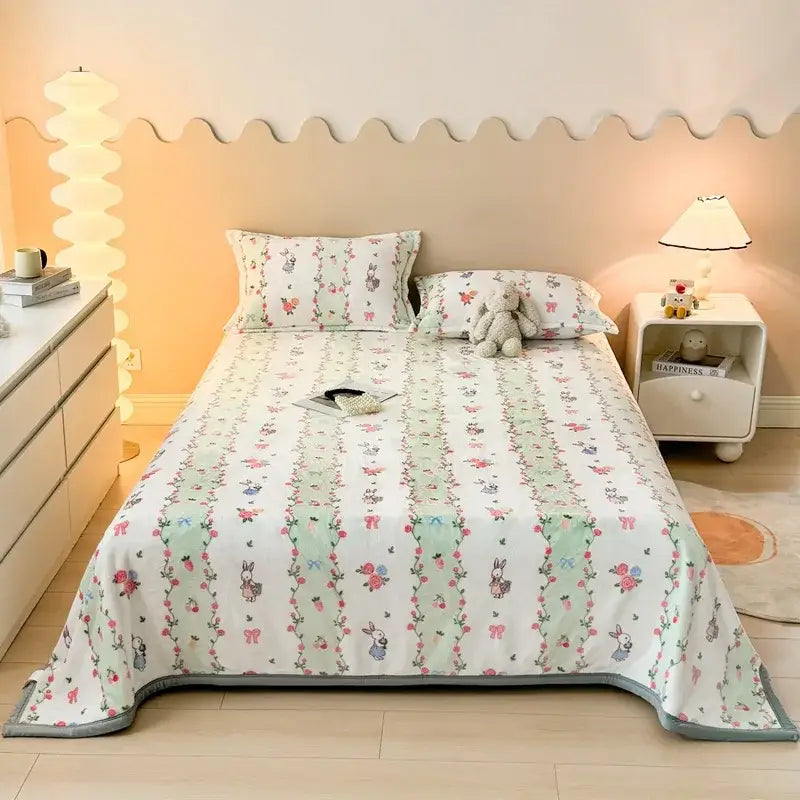 Dark gray cartoon print flannel sofa cover with soft white bedspread featuring pastel green stripes bunnies and pink flowers decorbites cartoon print