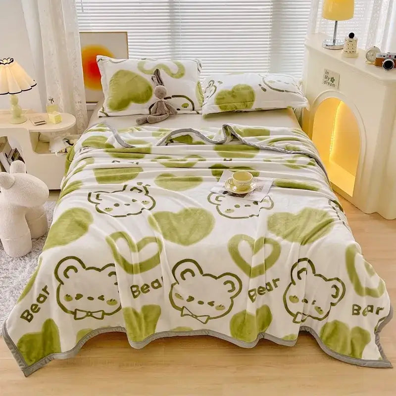 Dark gray cartoon print flannel sofa cover with soft white plush texture green bear and heart patterns gray trim decorbites cartoon print