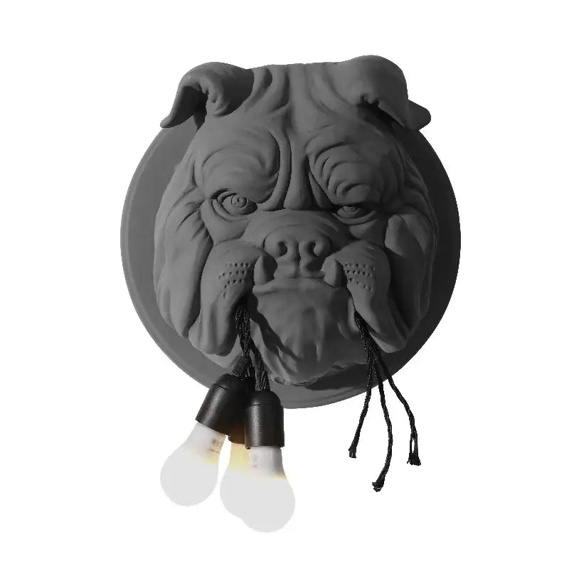 Dark gray decorbites bulldog resin wall lamp with gray concrete bulldog head and three hanging bulbs for living room decor