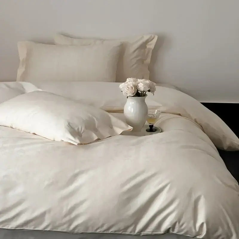 Cream-colored satin duvet cover and matching pillows with soft sheen and folds in dark gray egyptian cotton bedding set