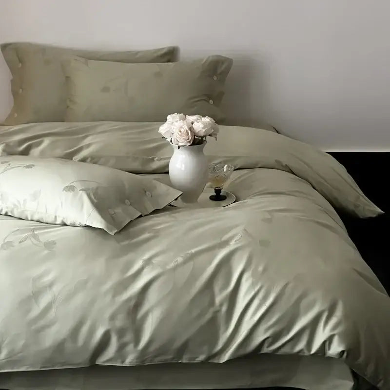 Satin green bedding set with subtle floral embroidery displayed alongside dark gray egyptian cotton bedding set with floral embroidery
