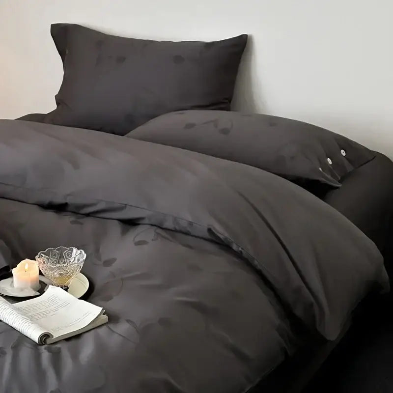 Dark gray satin-like egyptian cotton bedding set with subtle floral embroidery for elegant bedroom decor