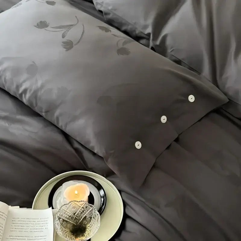 Dark gray egyptian cotton bedding set pillowcase with subtle floral embroidery and three white button accents