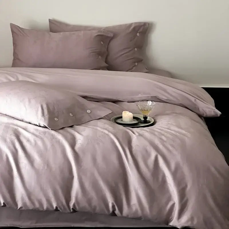 Soft lavender satin duvet cover set with button detailing paired with dark gray egyptian cotton bedding set floral embroidery
