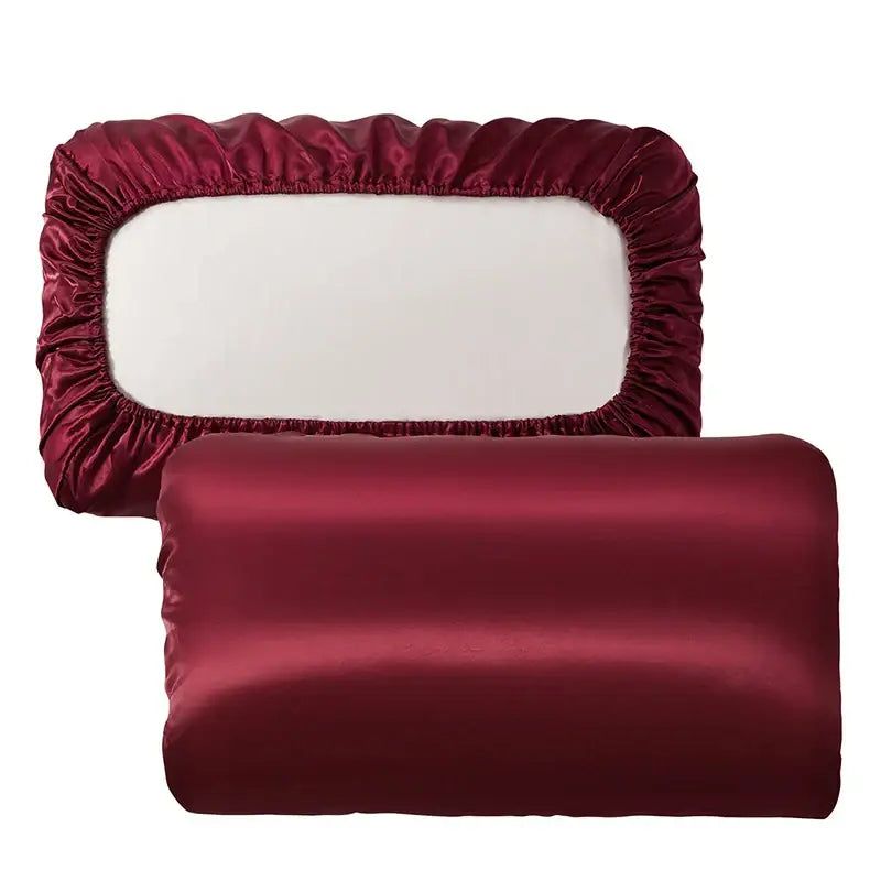 Dark gray decorbites imitation silk elastic band pillowcase set with rich burgundy satin fitted sheet for bedroom bedding