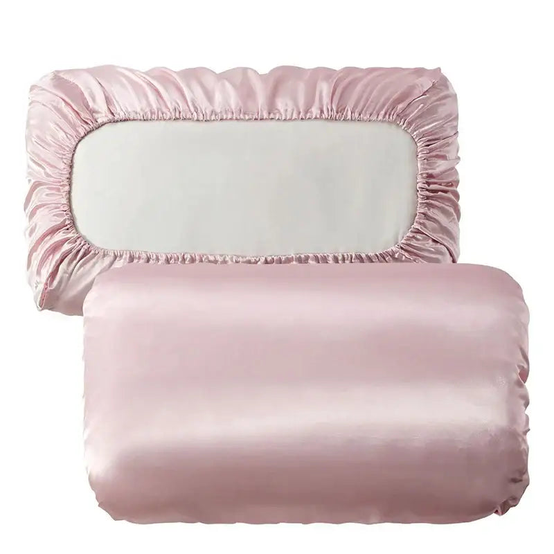 Pink satin pillowcase and fitted sheet set featuring decorbites imitation silk elastic band for bedroom bedding decor