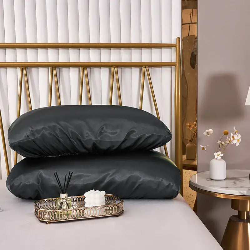 Dark gray decorbites imitation silk elastic band pillowcases with smooth glossy finish for bedroom bedding decor