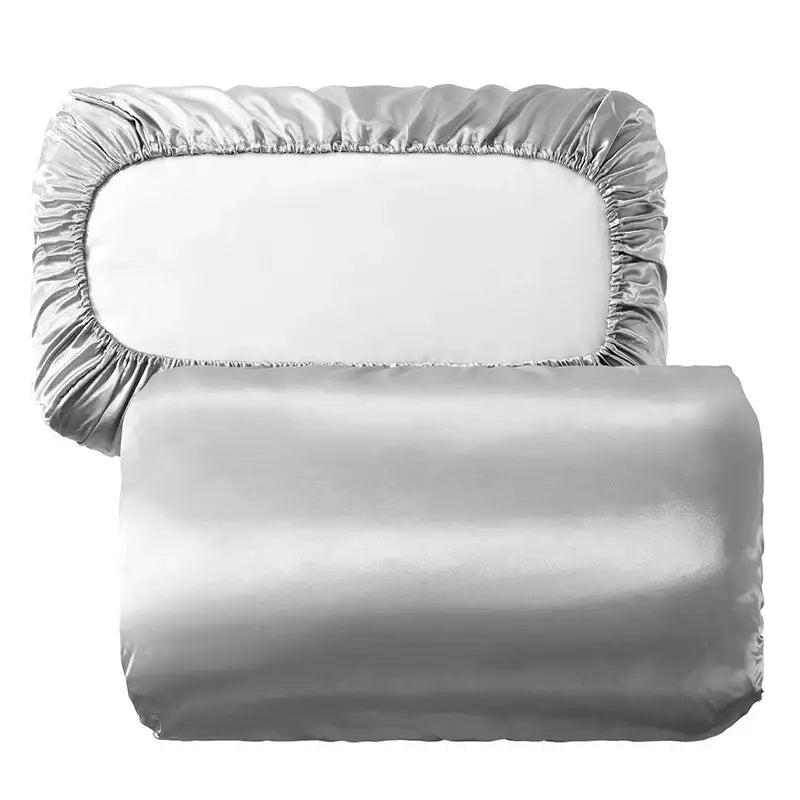 Dark gray imitation silk elastic band pillowcase set with silver satin sheet featuring smooth glossy finish and elasticized edges decorbites imitation silk