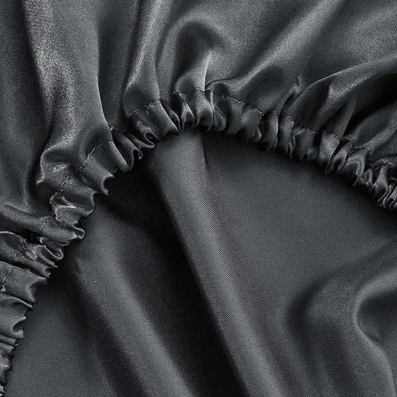 Dark gray decorbites imitation silk elastic band pillowcase set with black satin sheet and gathered elastic edge