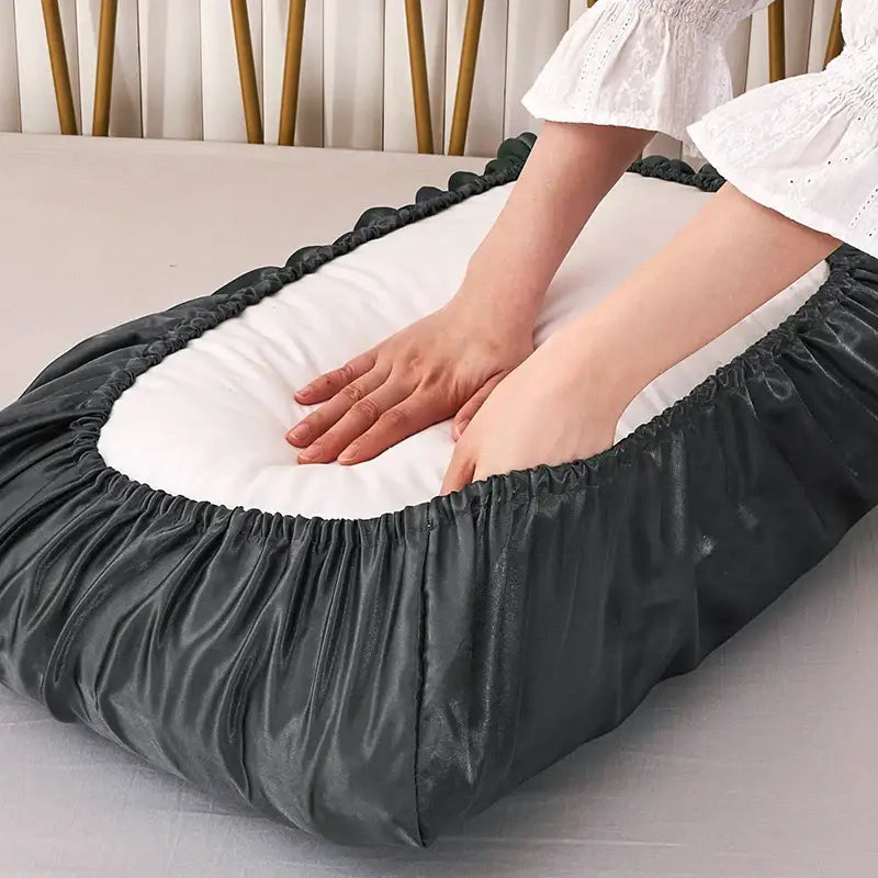 Dark gray decorbites imitation silk elastic band pillowcase set with black satin bed cover and white ruffled lining