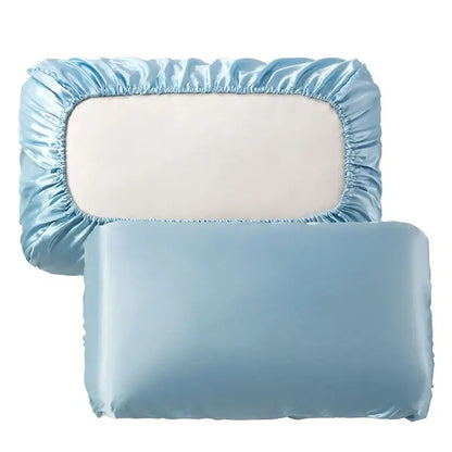 Light blue satin pillowcase with ruffled edges and matching pillow featuring decorbites imitation silk elastic band design