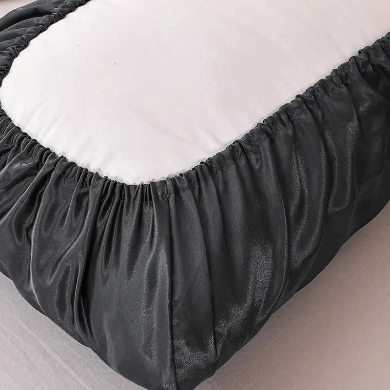 Black satin pillowcase with gathered elastic band edge made from dark gray decorbites imitation silk elastic fabric