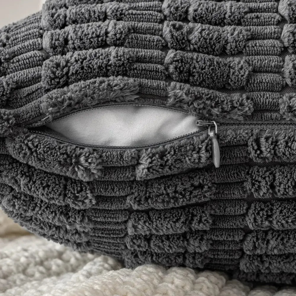 Dark gray ribbed corduroy pillow cover with plush texture and visible zipper pull decorbites corduroy striped cushion cover
