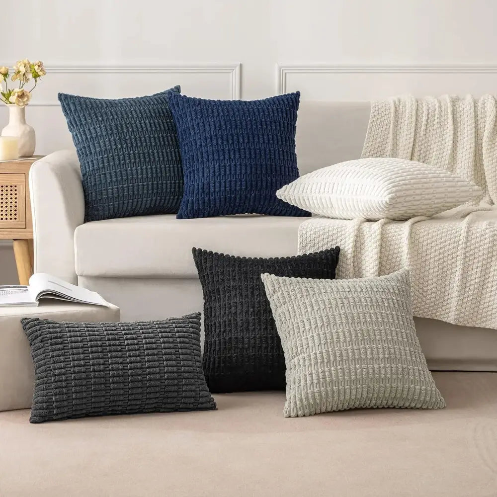 Set of five textured navy black gray and white throw pillows with decorbites corduroy striped cushion cover design