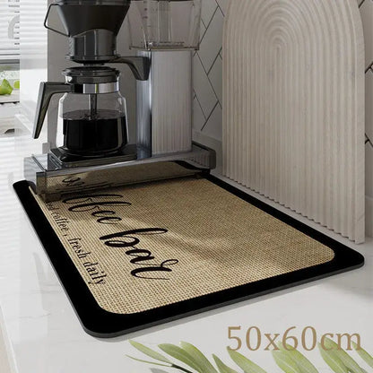 Dark gray decorbites coffee mat with textured burlap surface black border and cursive coffee bar text for kitchen drying