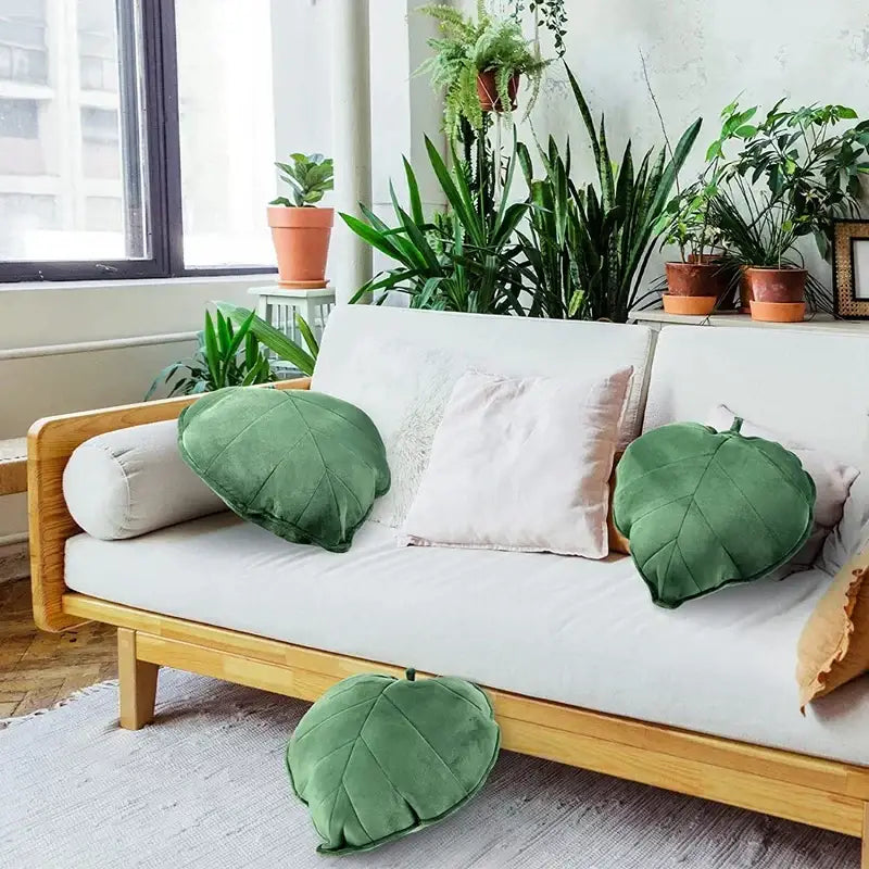Soft plush dark green decorbites 3d leaf throw pillow with quilted texture used as bedroom and sofa cushion