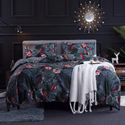 Dark green floral plush duvet cover set with red and white blossoms featuring a soft textured cover set for bedroom bedding