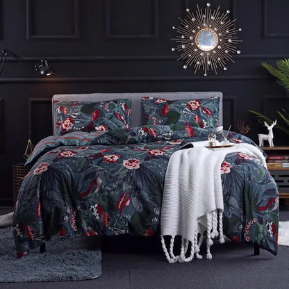 Dark green floral plush duvet cover set with red and white blossoms featuring a soft textured cover set for bedroom bedding