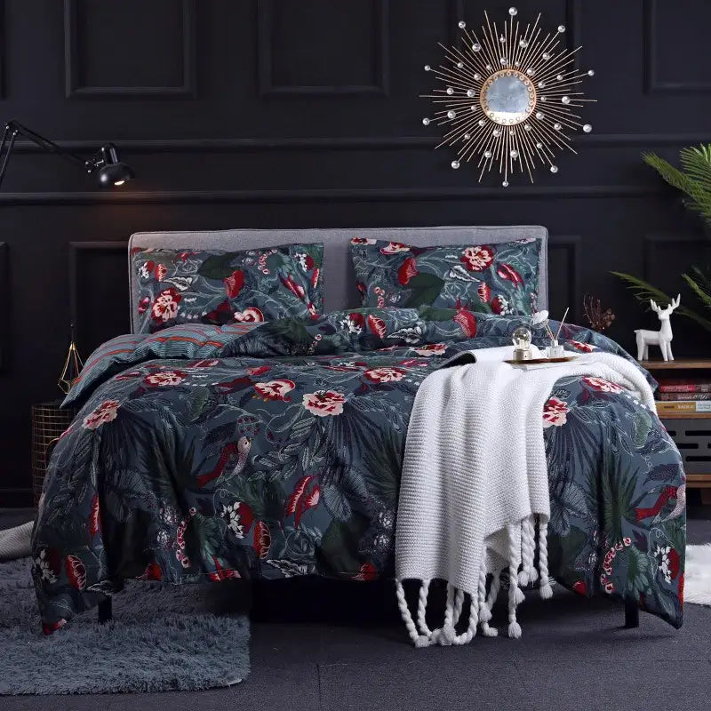 Dark green floral plush duvet cover set with red and white blossoms featuring a soft textured cover set for bedroom bedding