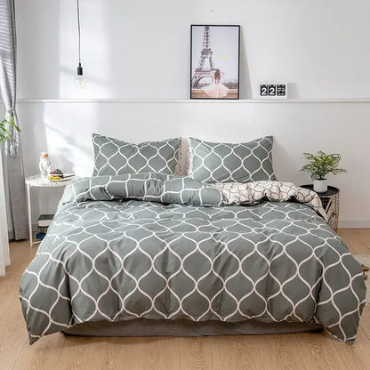 Dark green floral plush duvet cover set featuring a gray duvet cover with a white geometric lattice pattern