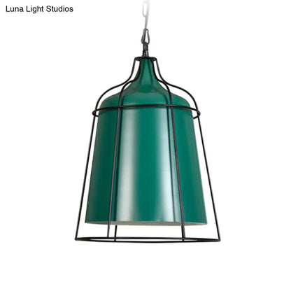 Dark Green Industrial Wire Cage Hanging Lamp - Single Light Metal Pendant Lighting