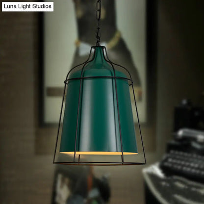 Dark Green Industrial Wire Cage Hanging Lamp - Single Light Metal Pendant Lighting