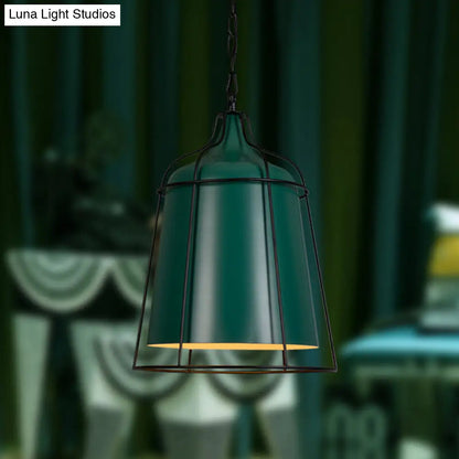 Dark Green Industrial Wire Cage Hanging Lamp - Single Light Metal Pendant Lighting