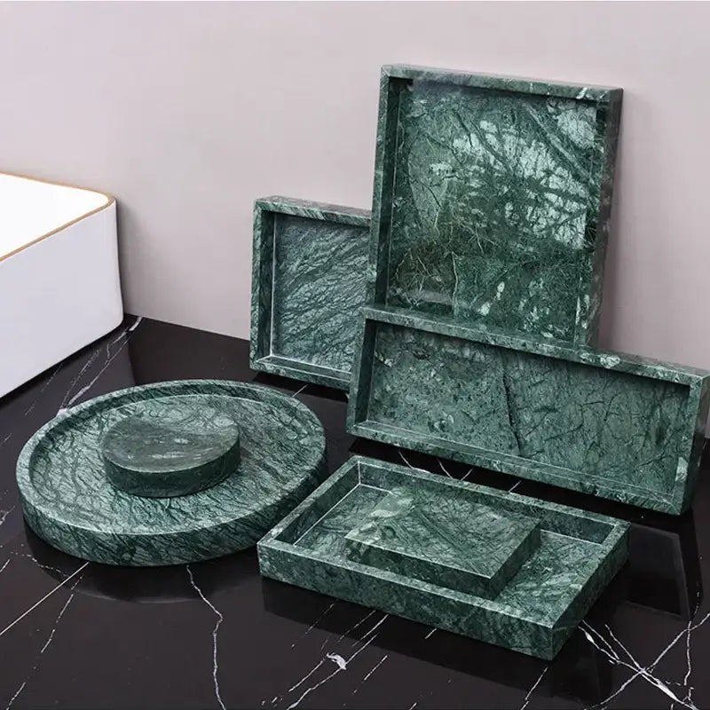 Set of dark green marble bathroom trays with gold accents featuring natural veining by decorbites dark green