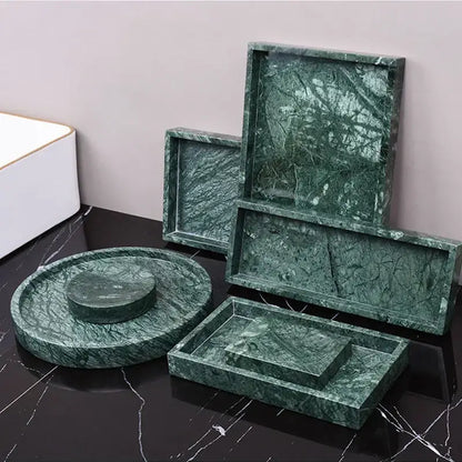 Set of dark green marble bathroom trays with gold accents featuring natural veining by decorbites dark green