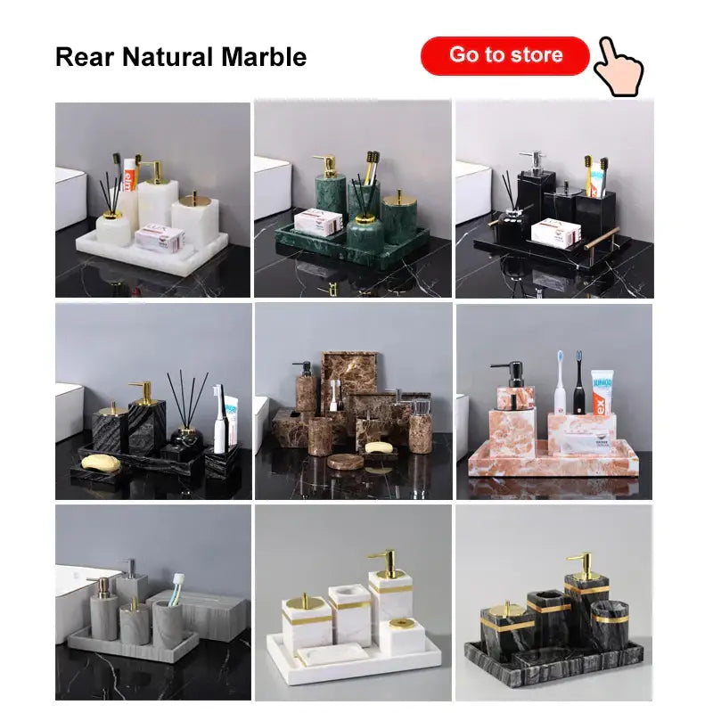 Dark green marble bathroom accessory set by decorbites featuring natural marble with gold-tone accents in varied colors
