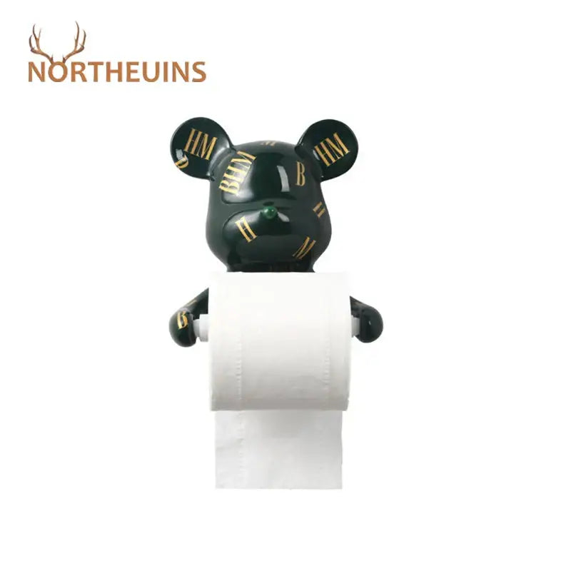 Dark green resin paper towel holder shaped like a bear with gold lettering and glossy finish for bathroom wall decor