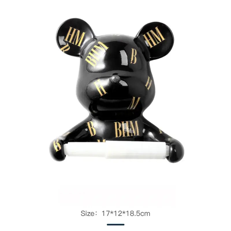 Dark green resin paper towel holder featuring a black glossy bear design with gold bhm lettering for bathroom decor