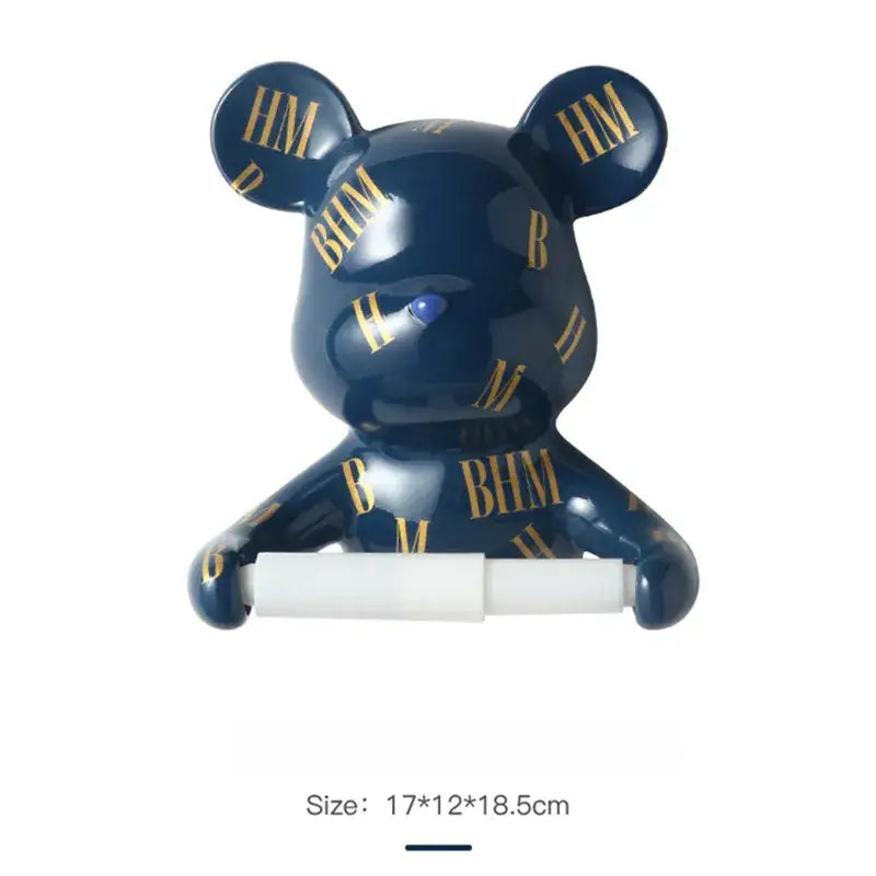 Dark green resin paper towel holder bathroom wall decor with deep navy blue ceramic bear toilet paper holder and gold bhm lettering