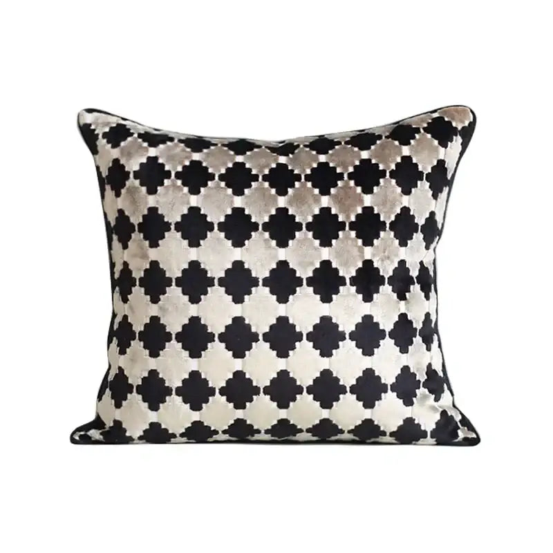 Black and cream velvet pillow cover with repeating quatrefoil pattern for decorbites dark orange geometric lumbar pillow decor