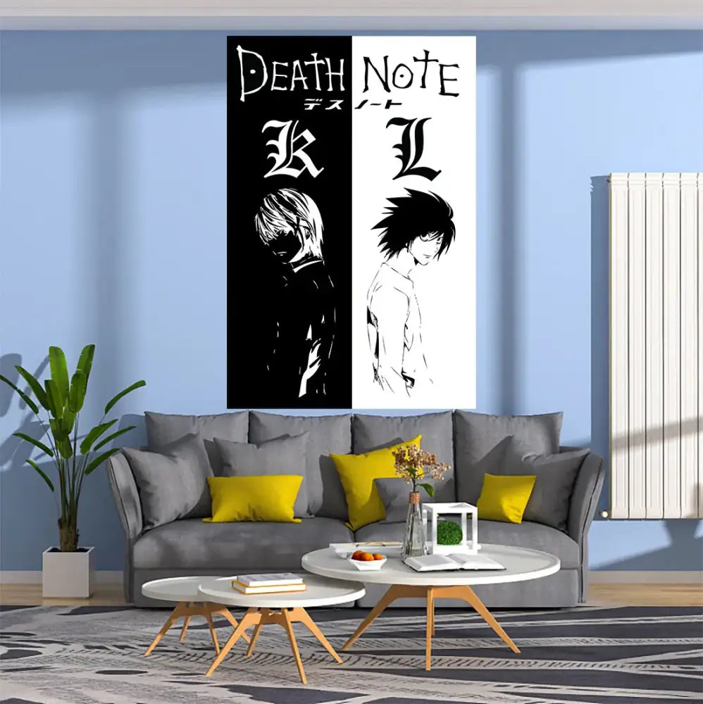 Black-and-white decorbites death note tapestry features stylized bold lettering of light yagami and l for bedroom wall decor