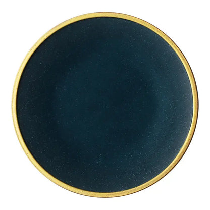 Dark blue speckled ceramic plate with gold rim from decorbites ceramic western dinnerware set for dining use