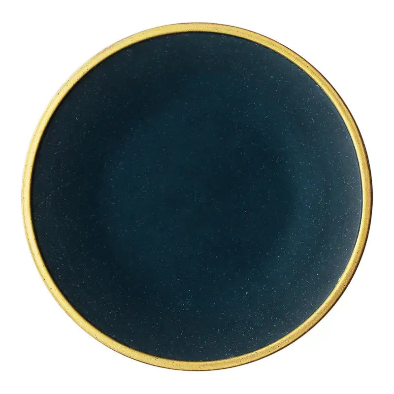 Dark blue speckled ceramic plate with gold rim from decorbites ceramic western dinnerware set for dining use