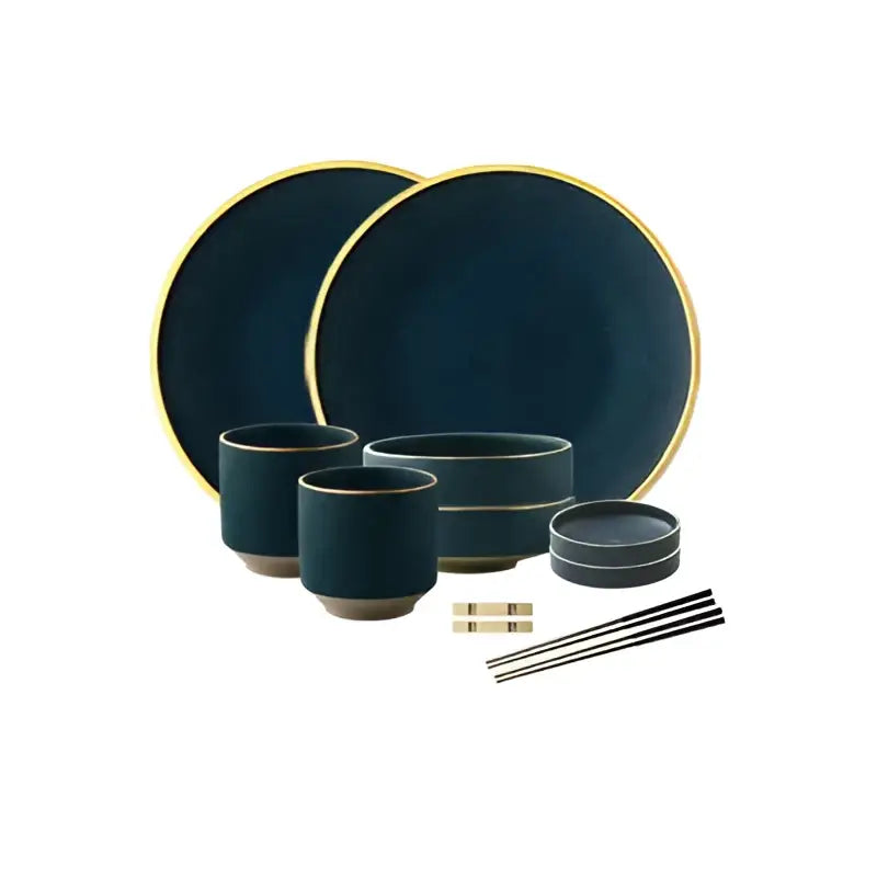 Deep navy ceramic western dinnerware set with gold rims including plates bowls and cups for elegant dining decorbites ceramic