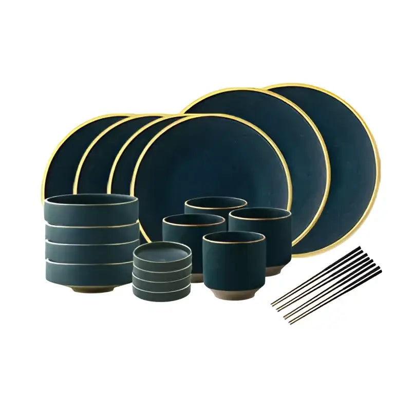 Dark teal gold rimmed ceramic western dinnerware set with matching bowls cups and chopsticks by decorbites ceramic western